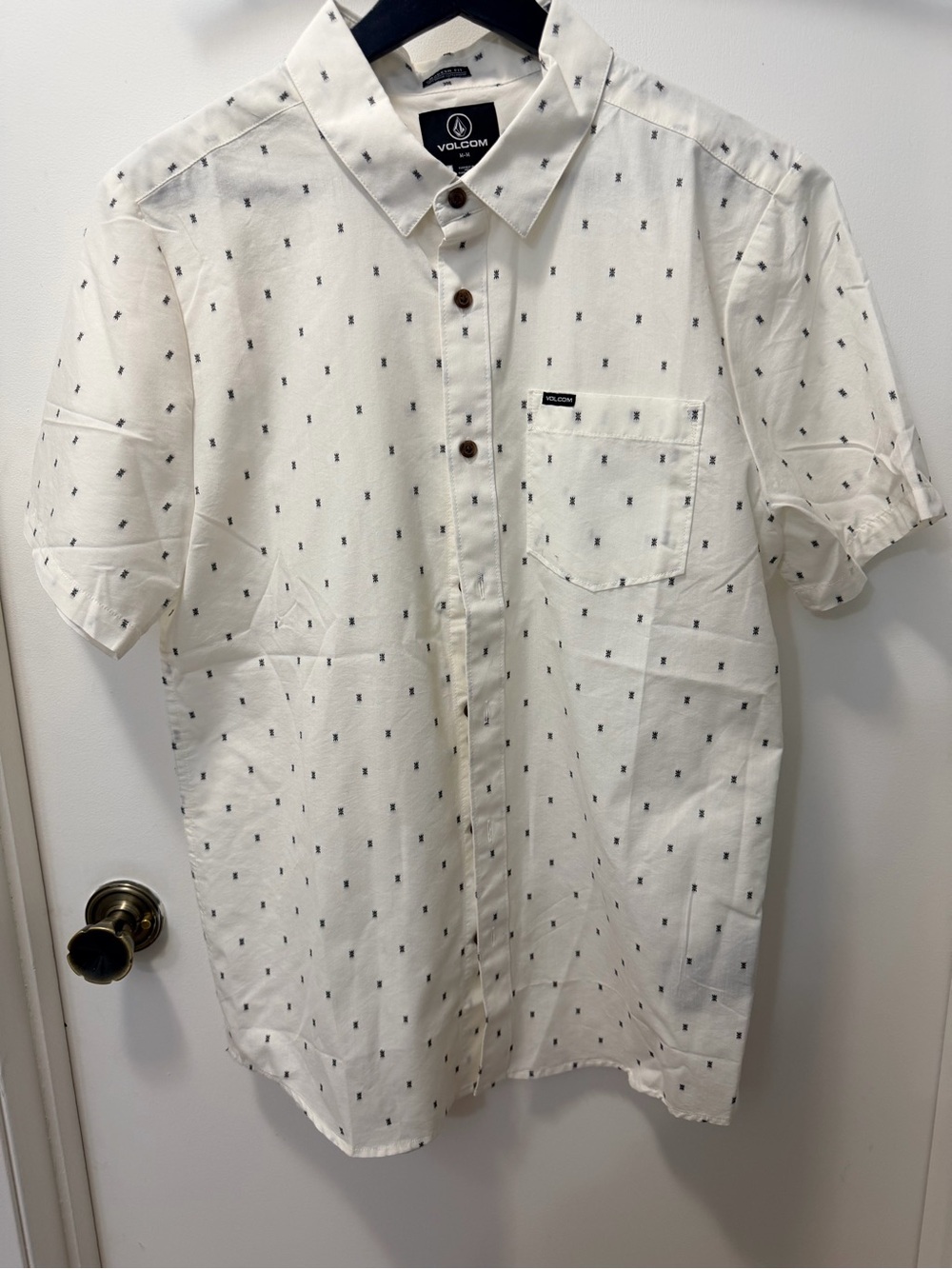 Volcom White Short Sleeve Button-Up Shirt with Black Micro Print
